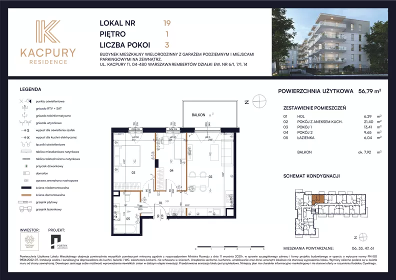 3 pokoje, mieszkanie 56,79 m², piętro 1, oferta nr M19, Kacpury Residence, Warszawa, Rembertów, Nowy Rembertów, ul. Antoniego Kacpury