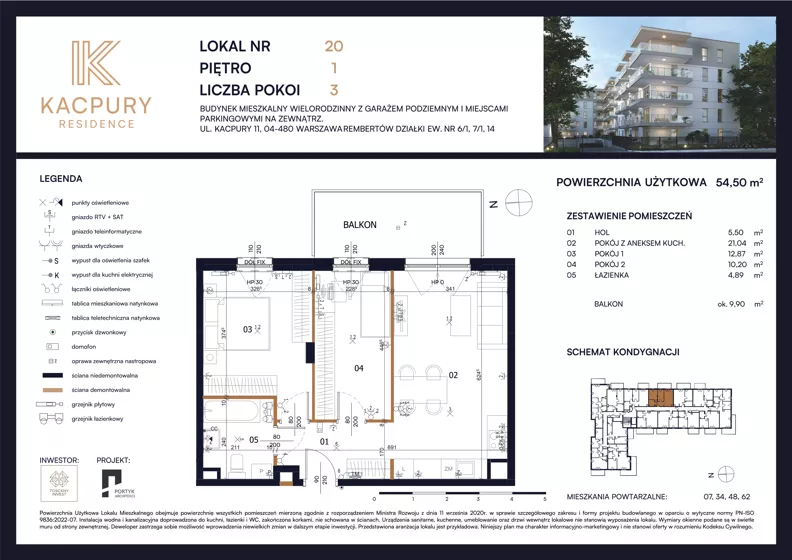 3 pokoje, mieszkanie 54,50 m², piętro 1, oferta nr M20, Kacpury Residence, Warszawa, Rembertów, Nowy Rembertów, ul. Antoniego Kacpury