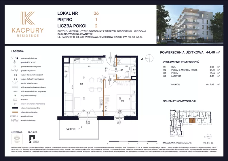 2 pokoje, mieszkanie 44,48 m², piętro 1, oferta nr M26, Kacpury Residence, Warszawa, Rembertów, Nowy Rembertów, ul. Antoniego Kacpury