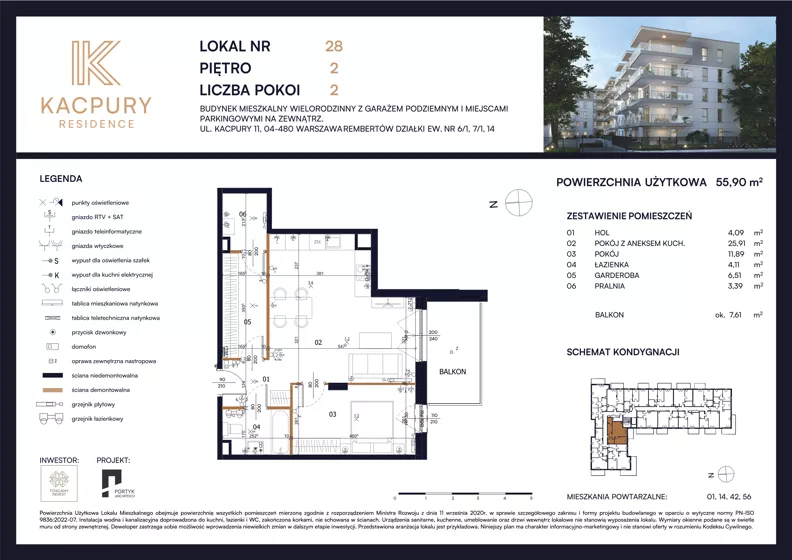 2 pokoje, mieszkanie 55,90 m², piętro 2, oferta nr M28, Kacpury Residence, Warszawa, Rembertów, Nowy Rembertów, ul. Antoniego Kacpury