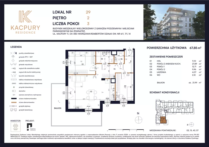 3 pokoje, mieszkanie 67,85 m², piętro 2, oferta nr M29, Kacpury Residence, Warszawa, Rembertów, Nowy Rembertów, ul. Antoniego Kacpury