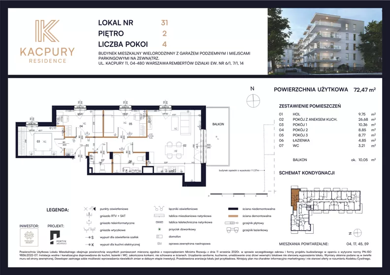 4 pokoje, mieszkanie 72,47 m², piętro 2, oferta nr M31, Kacpury Residence, Warszawa, Rembertów, Nowy Rembertów, ul. Antoniego Kacpury