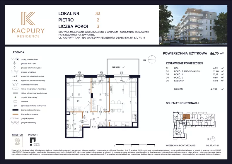 3 pokoje, mieszkanie 56,79 m², piętro 2, oferta nr M33, Kacpury Residence, Warszawa, Rembertów, Nowy Rembertów, ul. Antoniego Kacpury