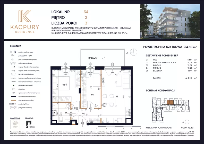 3 pokoje, mieszkanie 54,50 m², piętro 2, oferta nr M34, Kacpury Residence, Warszawa, Rembertów, Nowy Rembertów, ul. Antoniego Kacpury