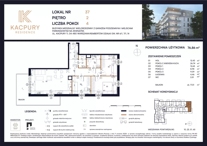 4 pokoje, mieszkanie 76,86 m², piętro 2, oferta nr M37, Kacpury Residence, Warszawa, Rembertów, Nowy Rembertów, ul. Antoniego Kacpury