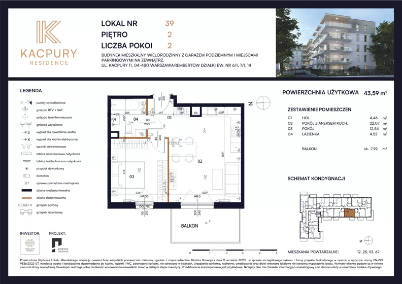 2 pokoje, mieszkanie 43,59 m², piętro 2, oferta nr M39, Kacpury Residence, Warszawa, Rembertów, Nowy Rembertów, ul. Antoniego Kacpury
