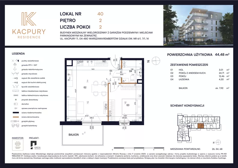 2 pokoje, mieszkanie 44,48 m², piętro 2, oferta nr M40, Kacpury Residence, Warszawa, Rembertów, Nowy Rembertów, ul. Antoniego Kacpury