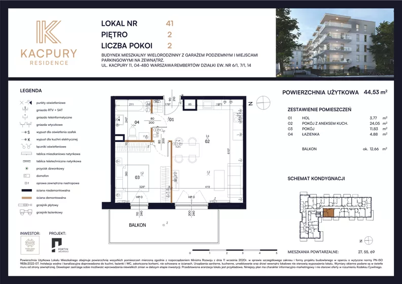 2 pokoje, mieszkanie 44,53 m², piętro 2, oferta nr M41, Kacpury Residence, Warszawa, Rembertów, Nowy Rembertów, ul. Antoniego Kacpury