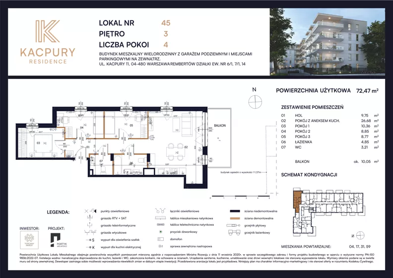 4 pokoje, mieszkanie 72,47 m², piętro 3, oferta nr M45, Kacpury Residence, Warszawa, Rembertów, Nowy Rembertów, ul. Antoniego Kacpury