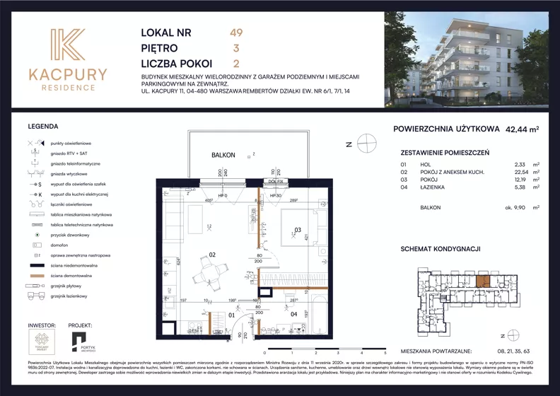 2 pokoje, mieszkanie 42,44 m², piętro 3, oferta nr M49, Kacpury Residence, Warszawa, Rembertów, Nowy Rembertów, ul. Antoniego Kacpury