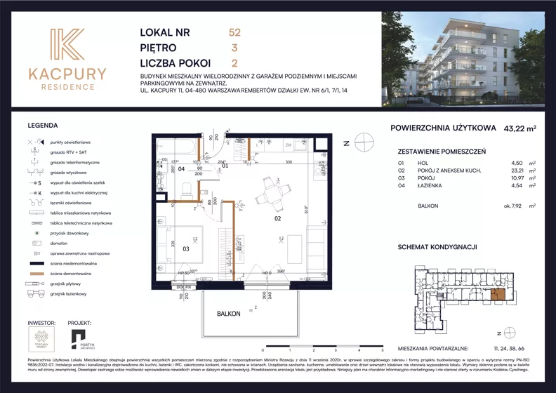 2 pokoje, mieszkanie 43,22 m², piętro 3, oferta nr M52, Kacpury Residence, Warszawa, Rembertów, Nowy Rembertów, ul. Antoniego Kacpury