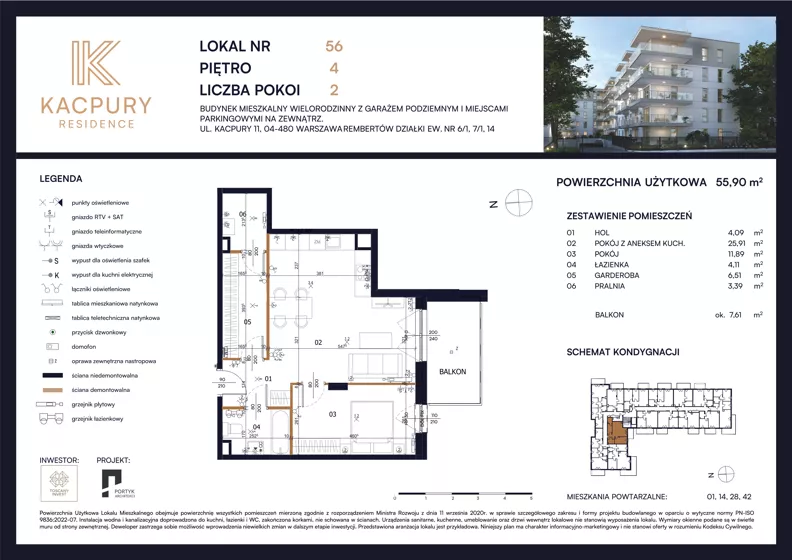 2 pokoje, mieszkanie 55,90 m², piętro 4, oferta nr M56, Kacpury Residence, Warszawa, Rembertów, Nowy Rembertów, ul. Antoniego Kacpury