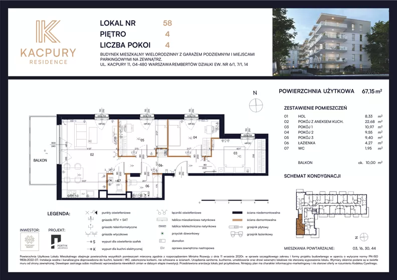 4 pokoje, mieszkanie 67,15 m², piętro 4, oferta nr M58, Kacpury Residence, Warszawa, Rembertów, Nowy Rembertów, ul. Antoniego Kacpury
