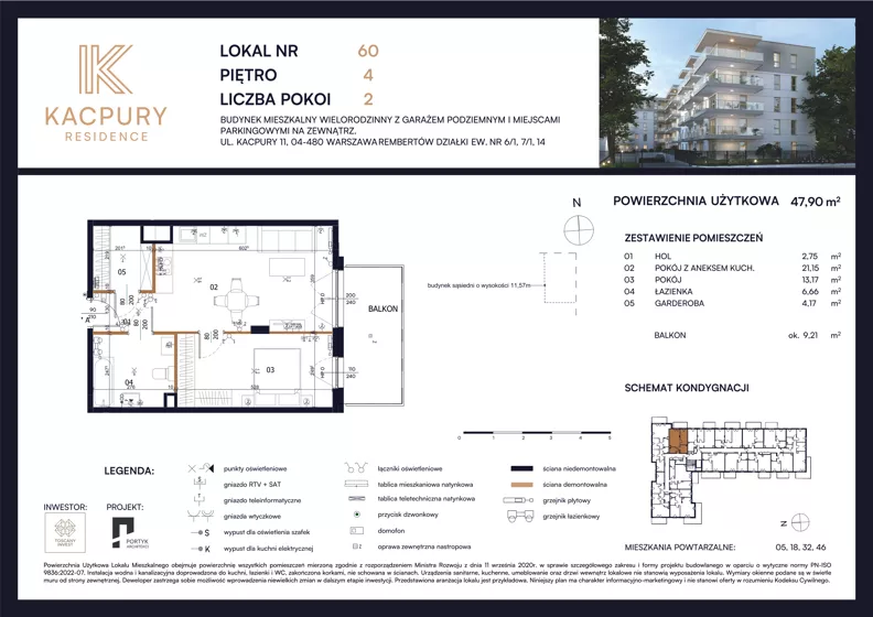 2 pokoje, mieszkanie 47,90 m², piętro 4, oferta nr M60, Kacpury Residence, Warszawa, Rembertów, Nowy Rembertów, ul. Antoniego Kacpury