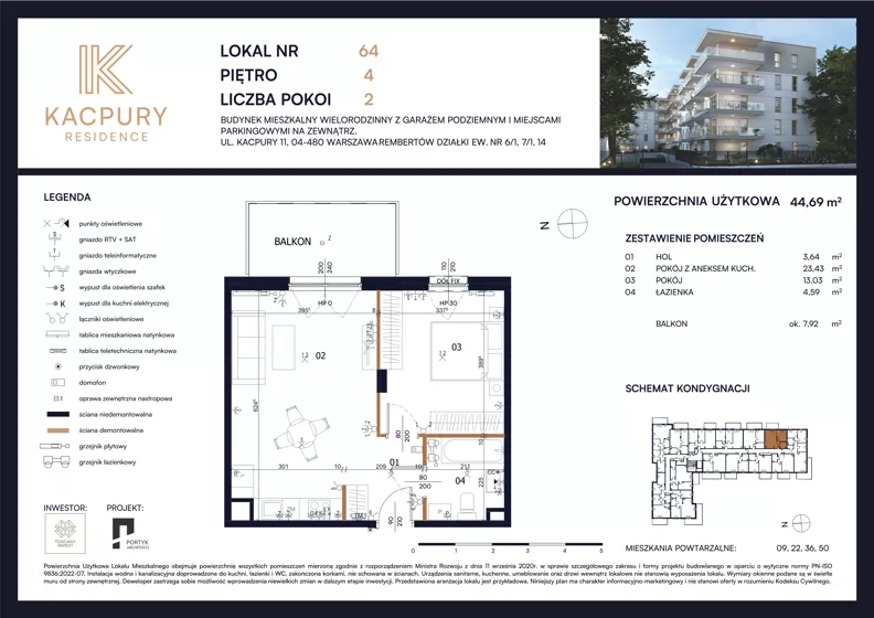 2 pokoje, mieszkanie 44,69 m², piętro 4, oferta nr M64, Kacpury Residence, Warszawa, Rembertów, Nowy Rembertów, ul. Antoniego Kacpury