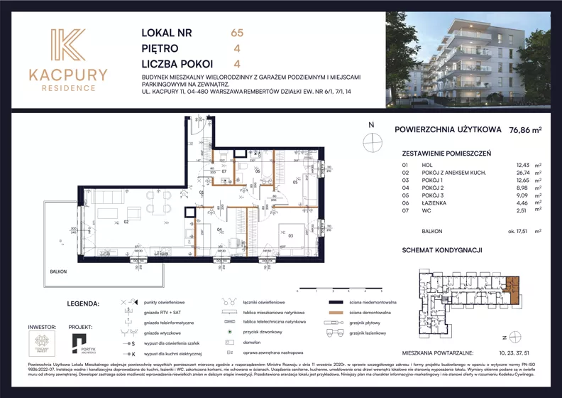 4 pokoje, mieszkanie 76,86 m², piętro 4, oferta nr M65, Kacpury Residence, Warszawa, Rembertów, Nowy Rembertów, ul. Antoniego Kacpury