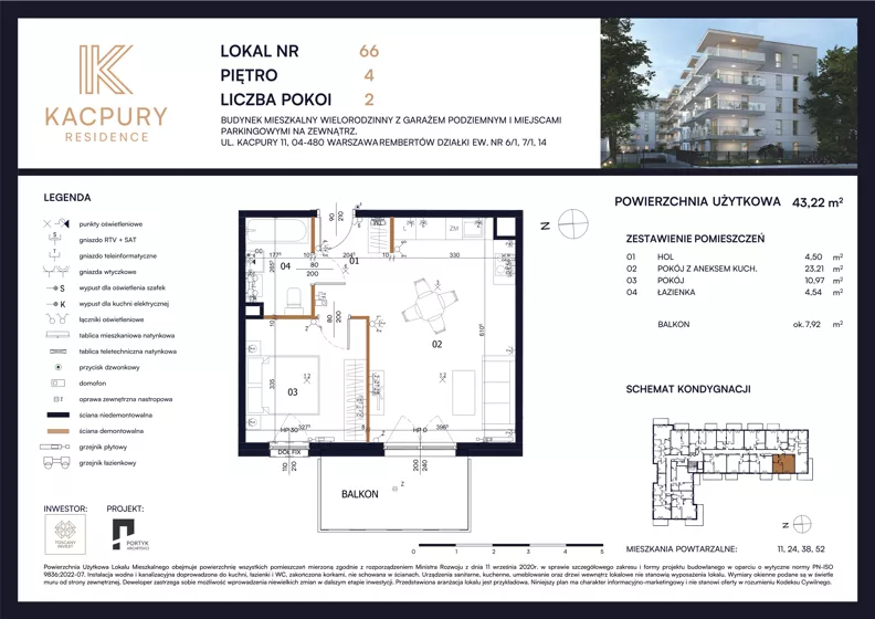 2 pokoje, mieszkanie 43,22 m², piętro 4, oferta nr M66, Kacpury Residence, Warszawa, Rembertów, Nowy Rembertów, ul. Antoniego Kacpury