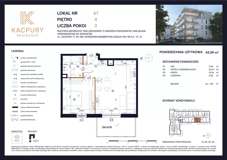 2 pokoje, mieszkanie 43,59 m², piętro 4, oferta nr M67, Kacpury Residence, Warszawa, Rembertów, Nowy Rembertów, ul. Antoniego Kacpury