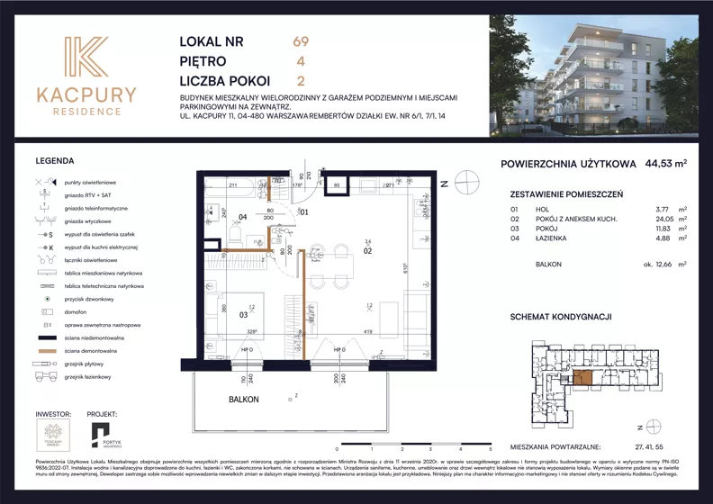 2 pokoje, mieszkanie 44,53 m², piętro 4, oferta nr M69, Kacpury Residence, Warszawa, Rembertów, Nowy Rembertów, ul. Antoniego Kacpury