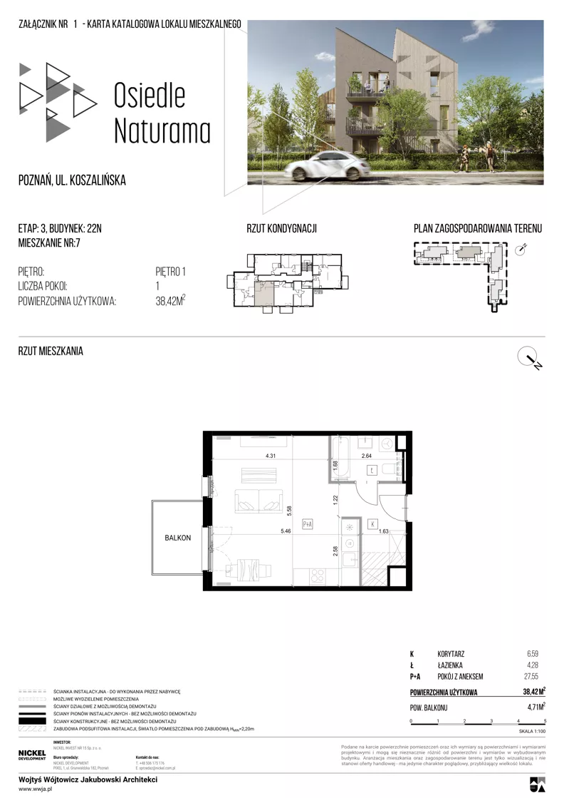 1 pokój, mieszkanie 38,42 m², piętro 1, oferta nr 22N/07, Naturama III, Poznań, Strzeszyn, Strzeszyn, ul. Koszalińska 22