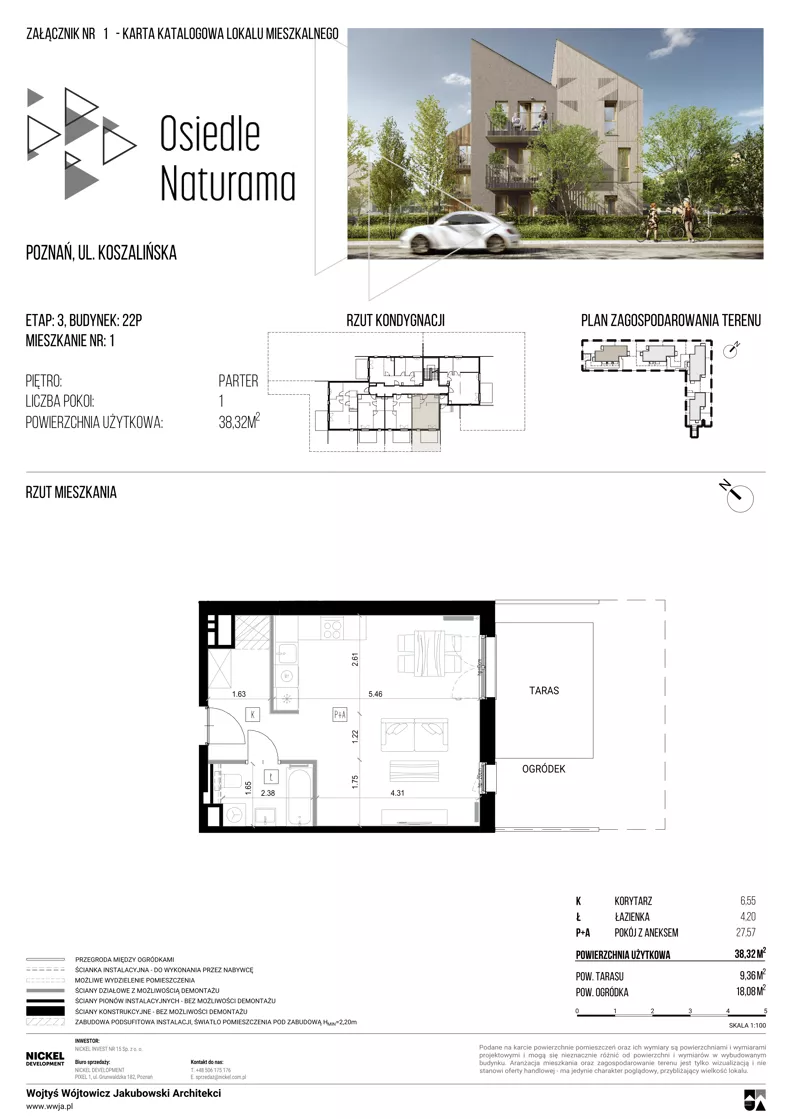 1 pokój, mieszkanie 38,32 m², parter, oferta nr 22P/01, Naturama III, Poznań, Strzeszyn, Strzeszyn, ul. Koszalińska 22