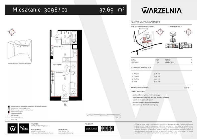 1 pokój, apartament 37,69 m², parter, oferta nr 309E/01, Warzelnia II, Poznań, Antoninek-Zieliniec-Kobylepole, Kobylepole, ul. Majakowskiego 309