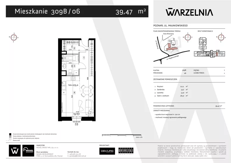1 pokój, apartament 39,47 m², piętro 1, oferta nr 309B/06, Warzelnia II, Poznań, Antoninek-Zieliniec-Kobylepole, Kobylepole, ul. Majakowskiego 309