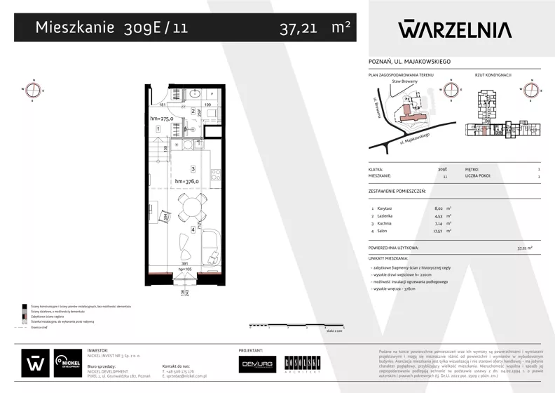 1 pokój, apartament 37,21 m², piętro 1, oferta nr 309E/11, Warzelnia II, Poznań, Antoninek-Zieliniec-Kobylepole, Kobylepole, ul. Majakowskiego 309