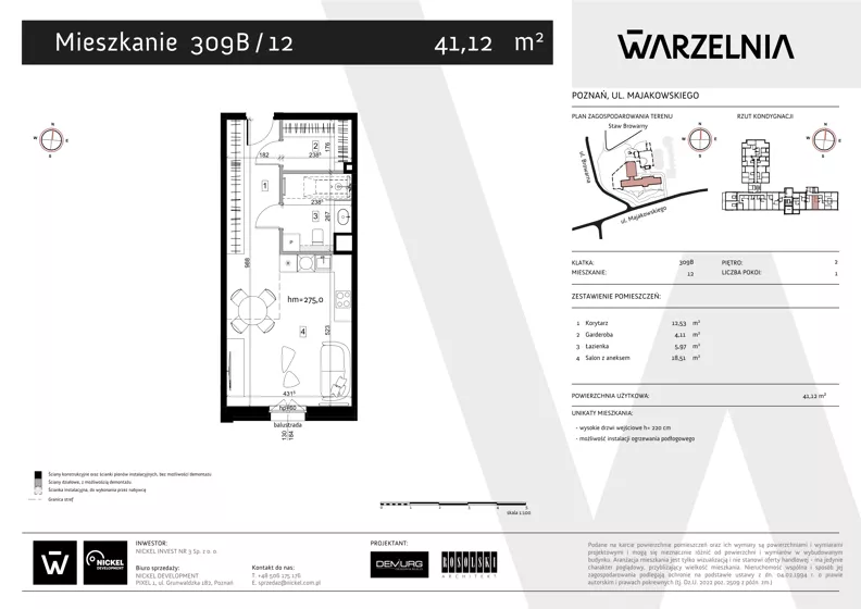 1 pokój, apartament 41,12 m², piętro 2, oferta nr 309B/12, Warzelnia II, Poznań, Antoninek-Zieliniec-Kobylepole, Kobylepole, ul. Majakowskiego 309