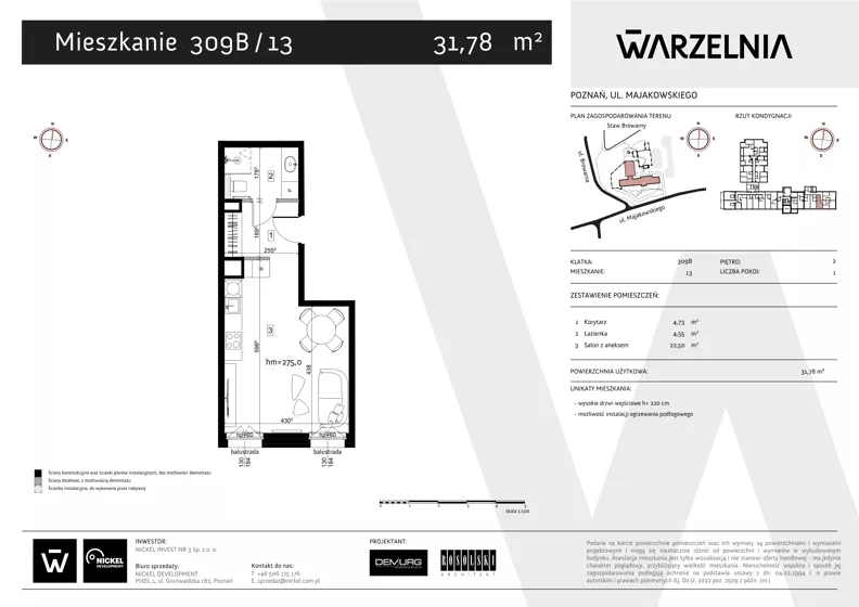 1 pokój, apartament 31,78 m², piętro 2, oferta nr 309B/13, Warzelnia II, Poznań, Antoninek-Zieliniec-Kobylepole, Kobylepole, ul. Majakowskiego 309