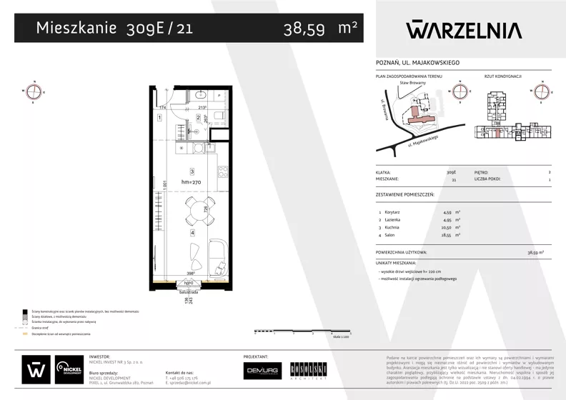 1 pokój, apartament 38,59 m², piętro 2, oferta nr 309E/21, Warzelnia II, Poznań, Antoninek-Zieliniec-Kobylepole, Kobylepole, ul. Majakowskiego 309