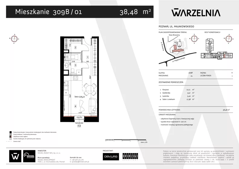 1 pokój, apartament 38,48 m², parter, oferta nr 309B/01, Warzelnia II, Poznań, Antoninek-Zieliniec-Kobylepole, Kobylepole, ul. Majakowskiego 309