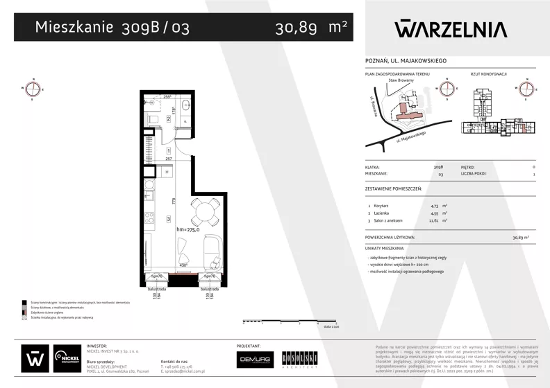 1 pokój, apartament 30,89 m², parter, oferta nr 309B/03, Warzelnia II, Poznań, Antoninek-Zieliniec-Kobylepole, Kobylepole, ul. Majakowskiego 309