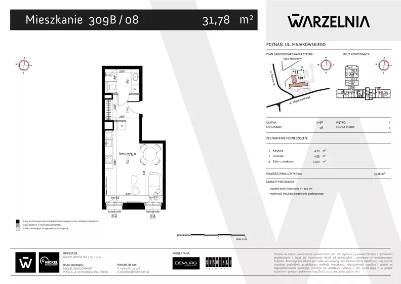 1 pokój, apartament 31,78 m², piętro 1, oferta nr 309B/08, Warzelnia II, Poznań, Antoninek-Zieliniec-Kobylepole, Kobylepole, ul. Majakowskiego 309