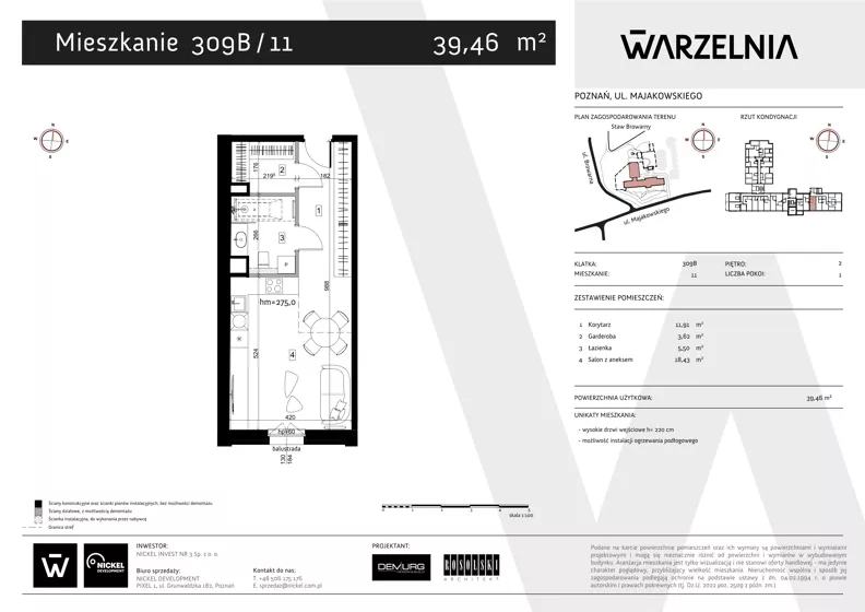 1 pokój, apartament 39,46 m², piętro 2, oferta nr 309B/11, Warzelnia II, Poznań, Antoninek-Zieliniec-Kobylepole, Kobylepole, ul. Majakowskiego 309