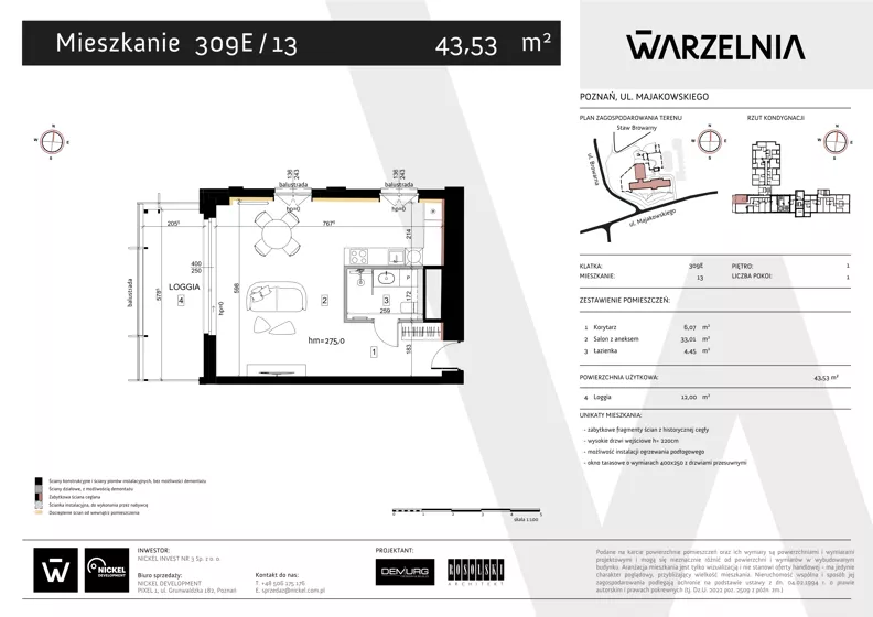 1 pokój, apartament 43,53 m², piętro 1, oferta nr 309E/13, Warzelnia II, Poznań, Antoninek-Zieliniec-Kobylepole, Kobylepole, ul. Majakowskiego 309