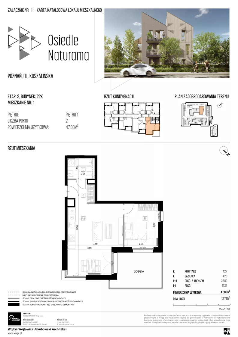2 pokoje, mieszkanie 47,88 m², piętro 1, oferta nr 22K/01, Naturama II, Poznań, Strzeszyn, Strzeszyn, ul. Koszalińska 22