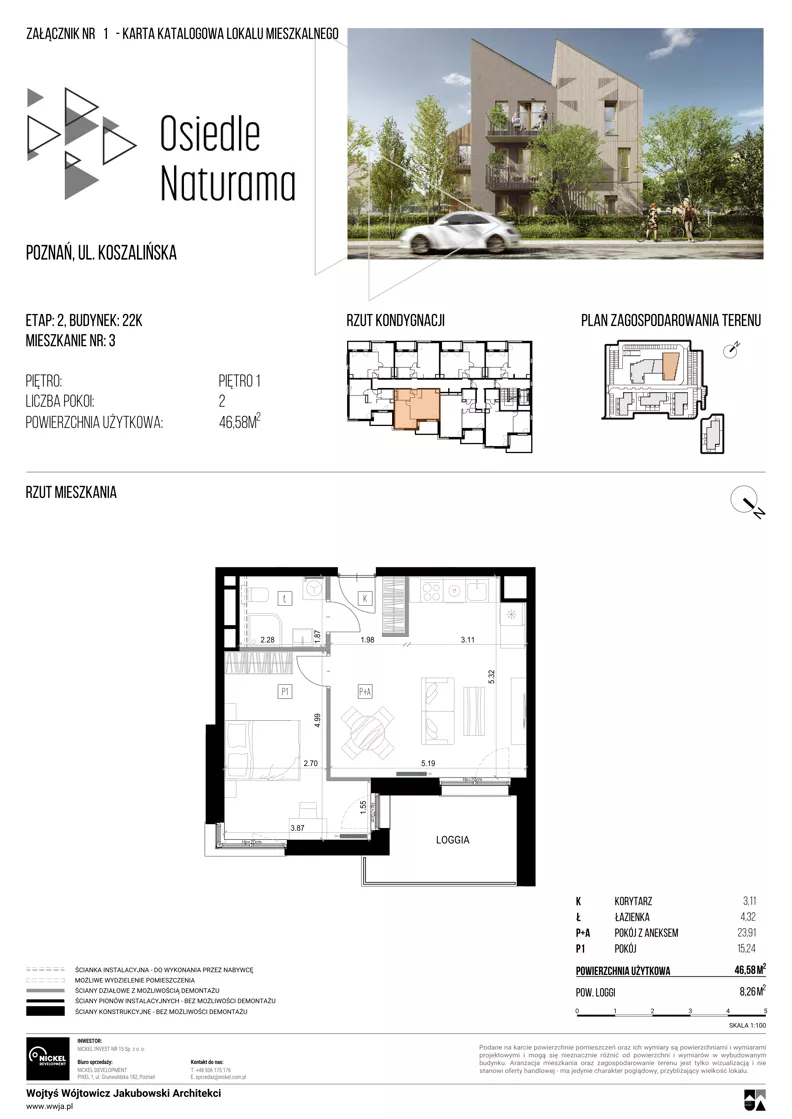 2 pokoje, mieszkanie 46,58 m², piętro 1, oferta nr 22K/03, Naturama II, Poznań, Strzeszyn, Strzeszyn, ul. Koszalińska 22