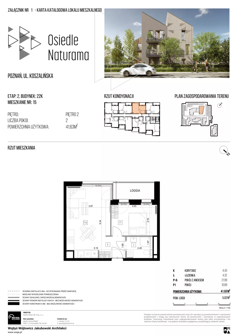 2 pokoje, mieszkanie 41,63 m², piętro 2, oferta nr 22K/15, Naturama II, Poznań, Strzeszyn, Strzeszyn, ul. Koszalińska 22