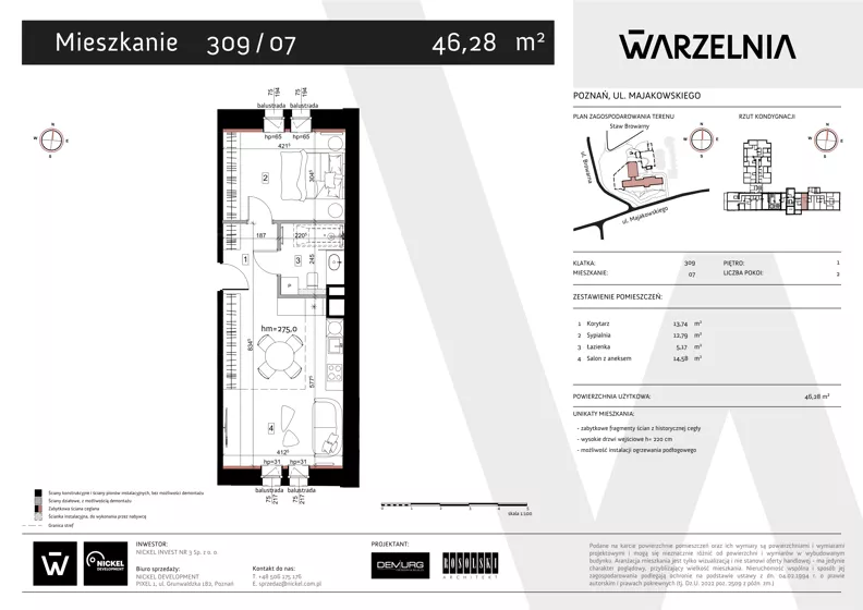 2 pokoje, apartament 46,28 m², piętro 1, oferta nr 309/07, Warzelnia II, Poznań, Antoninek-Zieliniec-Kobylepole, Kobylepole, ul. Majakowskiego 309
