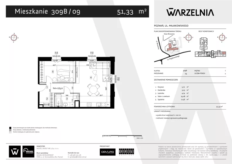2 pokoje, apartament 51,33 m², piętro 1, oferta nr 309B/09, Warzelnia II, Poznań, Antoninek-Zieliniec-Kobylepole, Kobylepole, ul. Majakowskiego 309