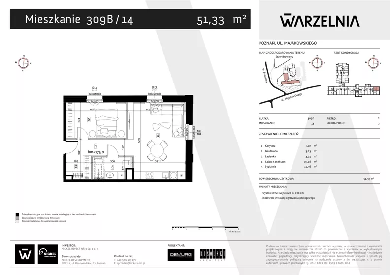 2 pokoje, apartament 51,33 m², piętro 2, oferta nr 309B/14, Warzelnia II, Poznań, Antoninek-Zieliniec-Kobylepole, Kobylepole, ul. Majakowskiego 309