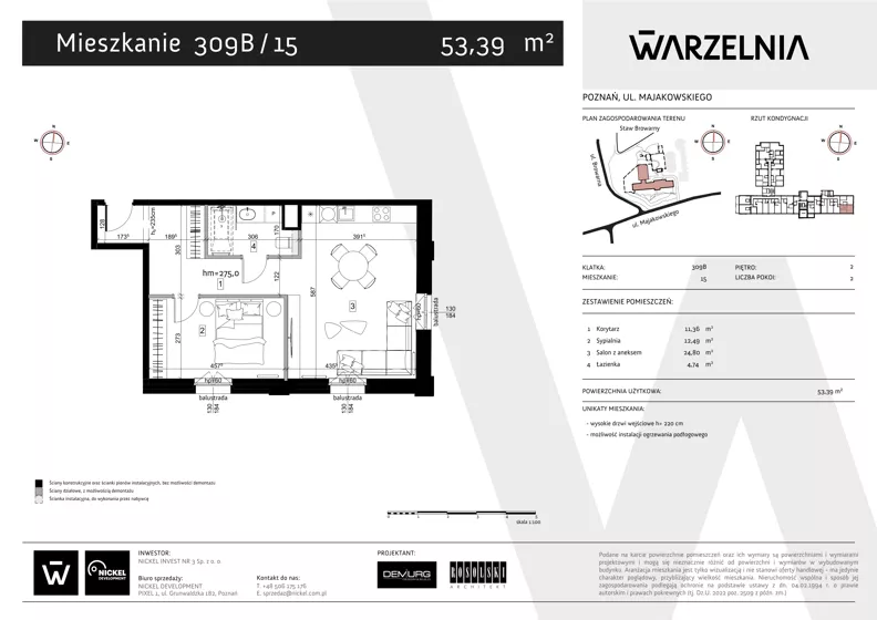 2 pokoje, apartament 53,39 m², piętro 2, oferta nr 309B/15, Warzelnia II, Poznań, Antoninek-Zieliniec-Kobylepole, Kobylepole, ul. Majakowskiego 309
