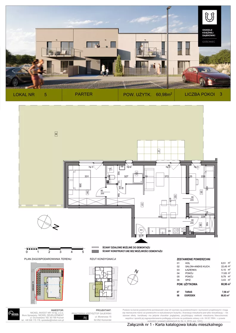 3 pokoje, mieszkanie 60,98 m², parter, oferta nr 5, Osiedle Księżnej Dąbrówki – ostatni etap: Gościniec, Dąbrówka, ul. Gościniec