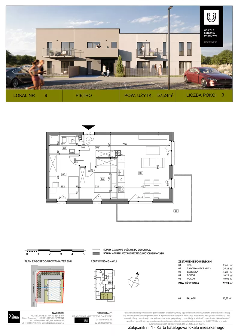 3 pokoje, mieszkanie 57,24 m², piętro 1, oferta nr 9, Osiedle Księżnej Dąbrówki – ostatni etap: Gościniec, Dąbrówka, ul. Gościniec