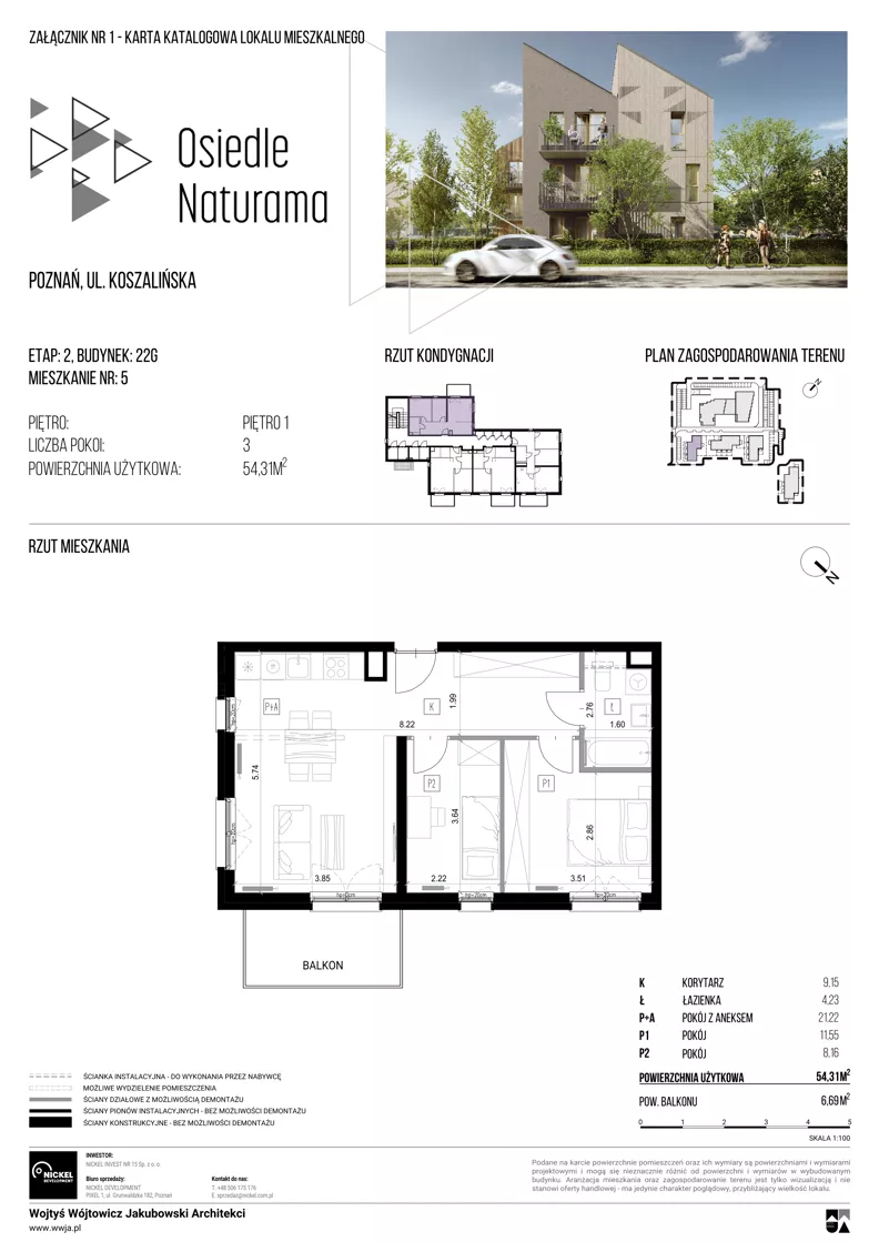 3 pokoje, mieszkanie 54,31 m², piętro 1, oferta nr 22G/05, Naturama II, Poznań, Strzeszyn, Strzeszyn, ul. Koszalińska 22