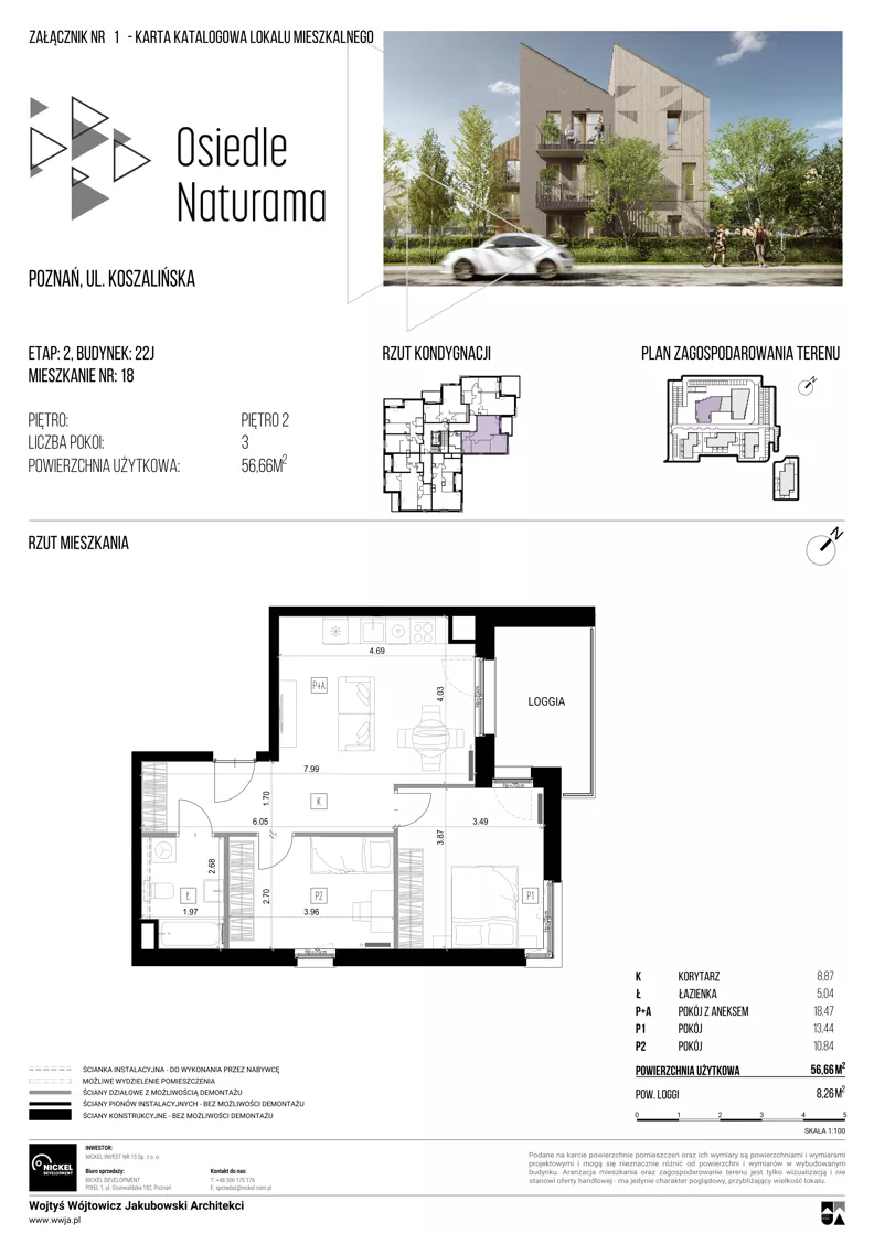 3 pokoje, mieszkanie 56,66 m², piętro 2, oferta nr 22J/18, Naturama II, Poznań, Strzeszyn, Strzeszyn, ul. Koszalińska 22
