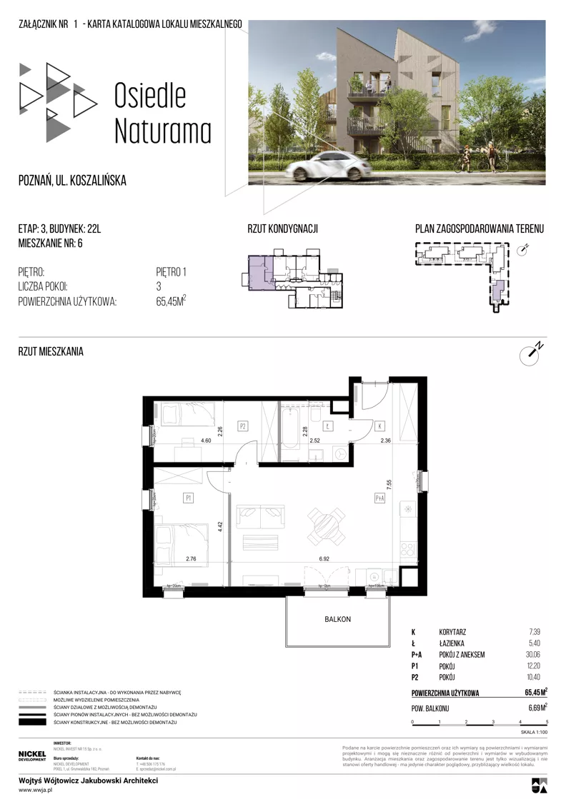 3 pokoje, mieszkanie 65,45 m², piętro 1, oferta nr 22L/06, Naturama III, Poznań, Strzeszyn, Strzeszyn, ul. Koszalińska 22