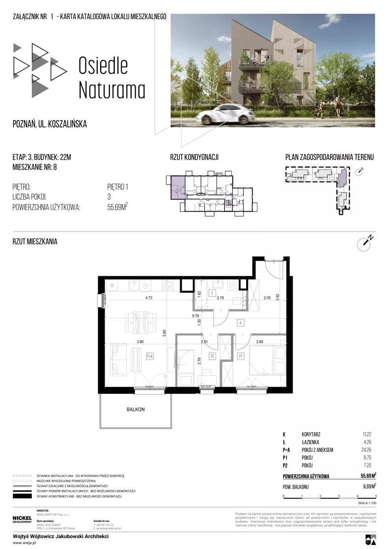 3 pokoje, mieszkanie 55,69 m², piętro 1, oferta nr 22M/08, Naturama III, Poznań, Strzeszyn, Strzeszyn, ul. Koszalińska 22