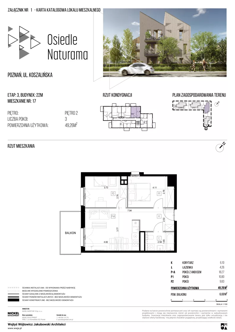 3 pokoje, mieszkanie 49,26 m², piętro 2, oferta nr 22M/17, Naturama III, Poznań, Strzeszyn, Strzeszyn, ul. Koszalińska 22
